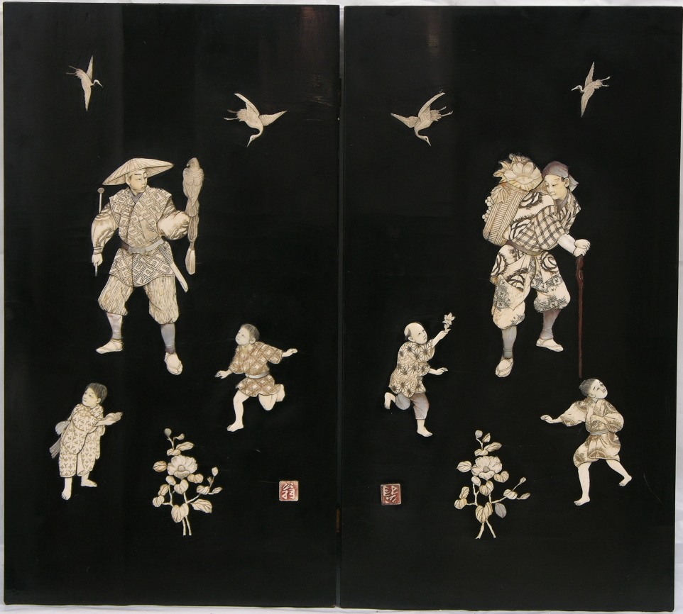 A Pair Of Japanese Ivory And Mother Of Pearl Inlay Plaques 11 17 06 Sold 690