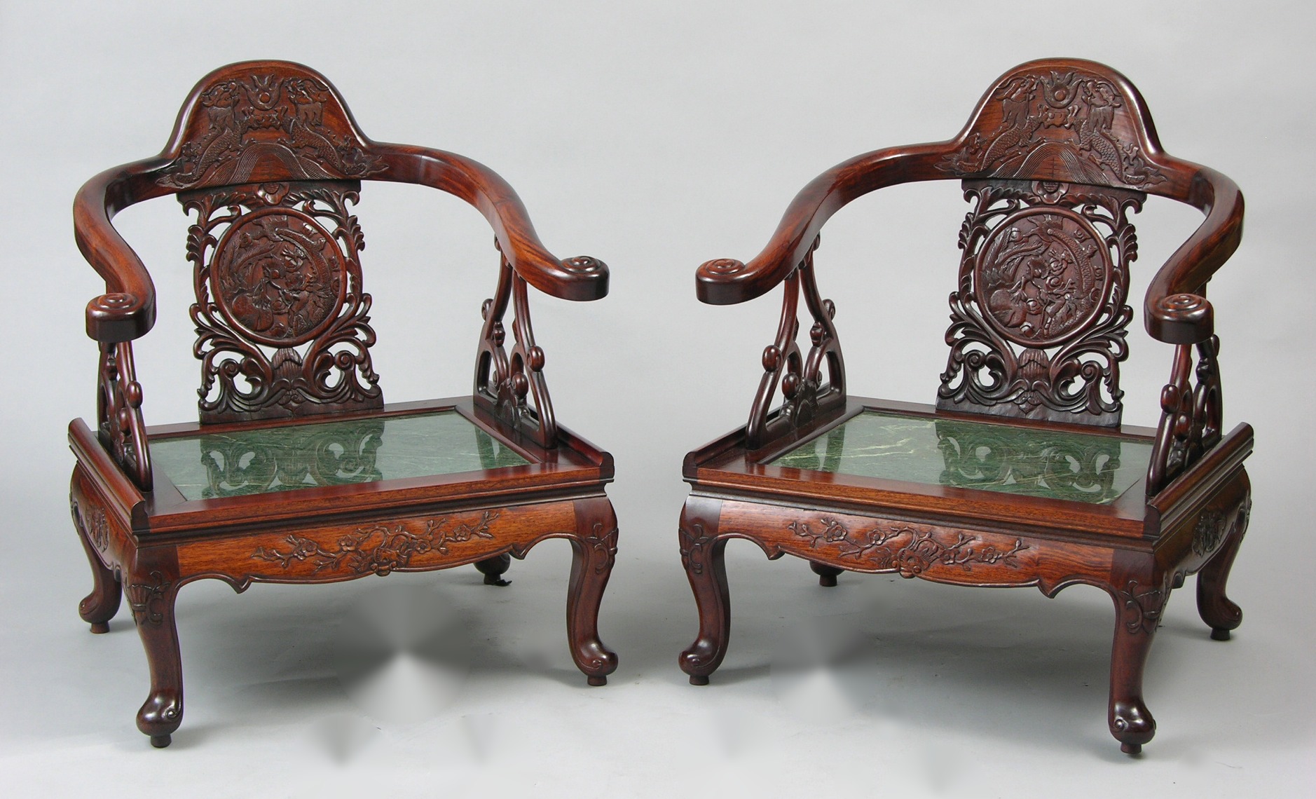 A Pair of Carved wood Chinese Chairs with Jade Marble Seat Insets, 03.