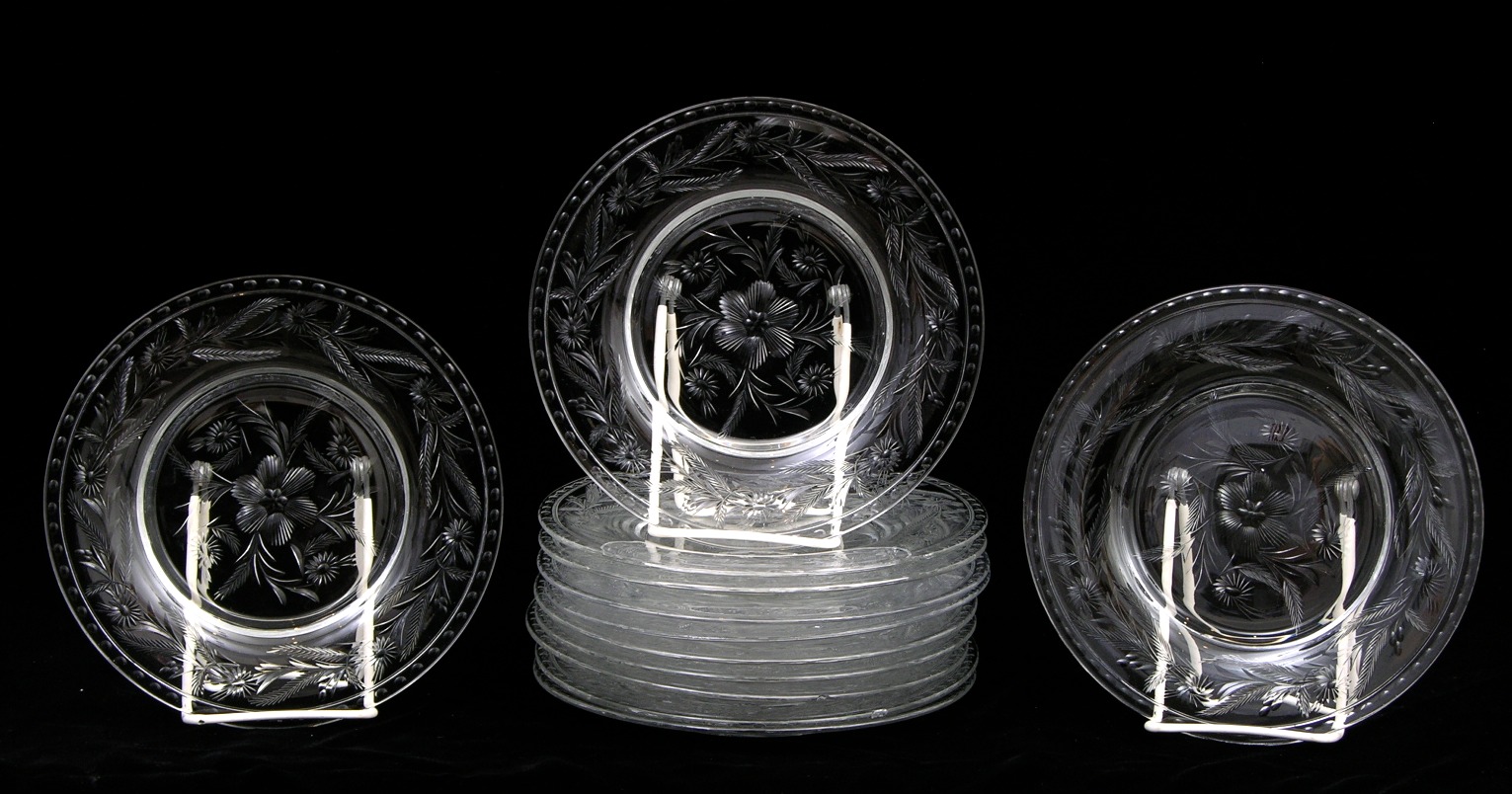 A Pretty Set of Twelve Etched Glass Dessert Plates, 05.17.08, Sold 51.75