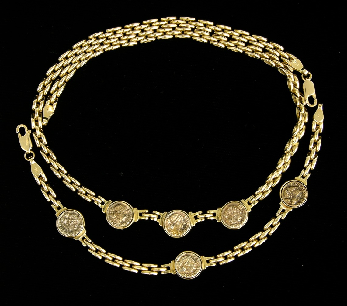 An Italian Gold Coin Necklace and Bracelet Set , 09.12.08