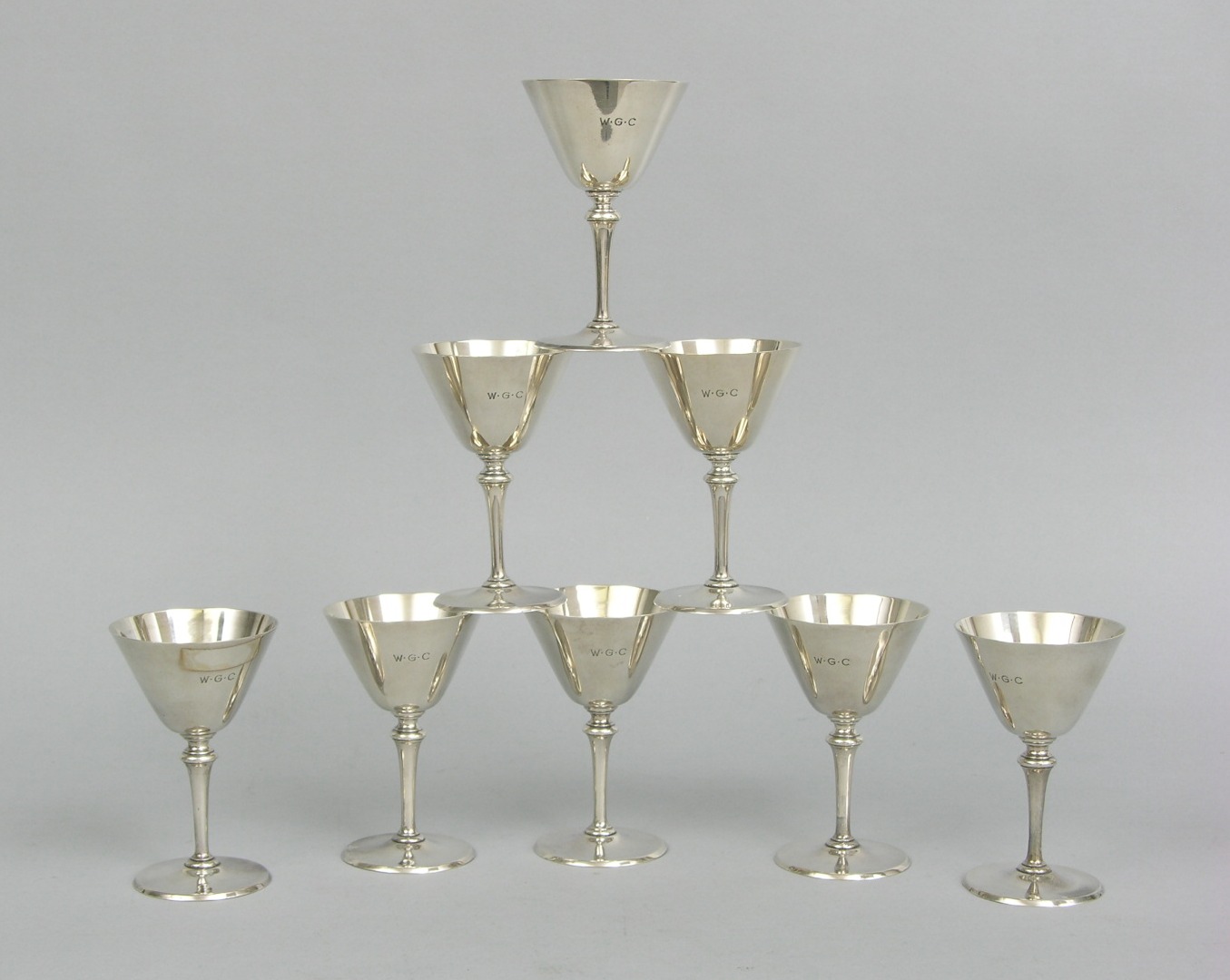 A Set of Eight Tiffany & Co Sterling Silver Martini Glasses, ca. 1920