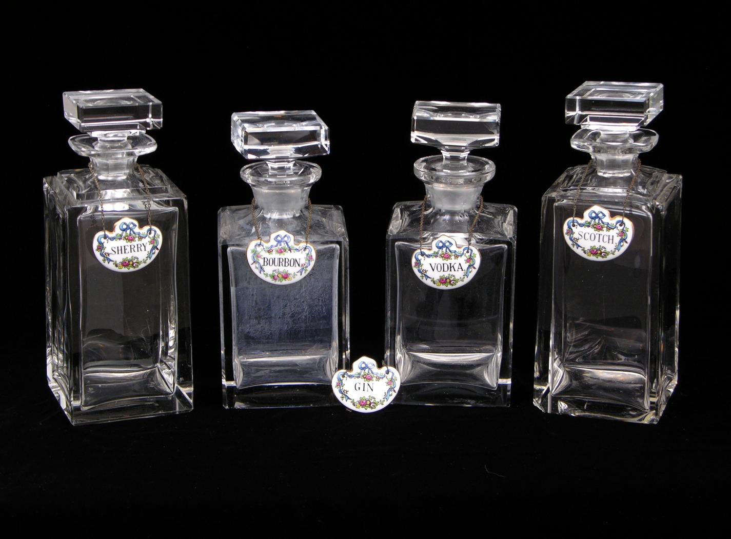 Four Heavy Crystal Decanters with Porcelain Labels, 05.16.09, Sold 235.75