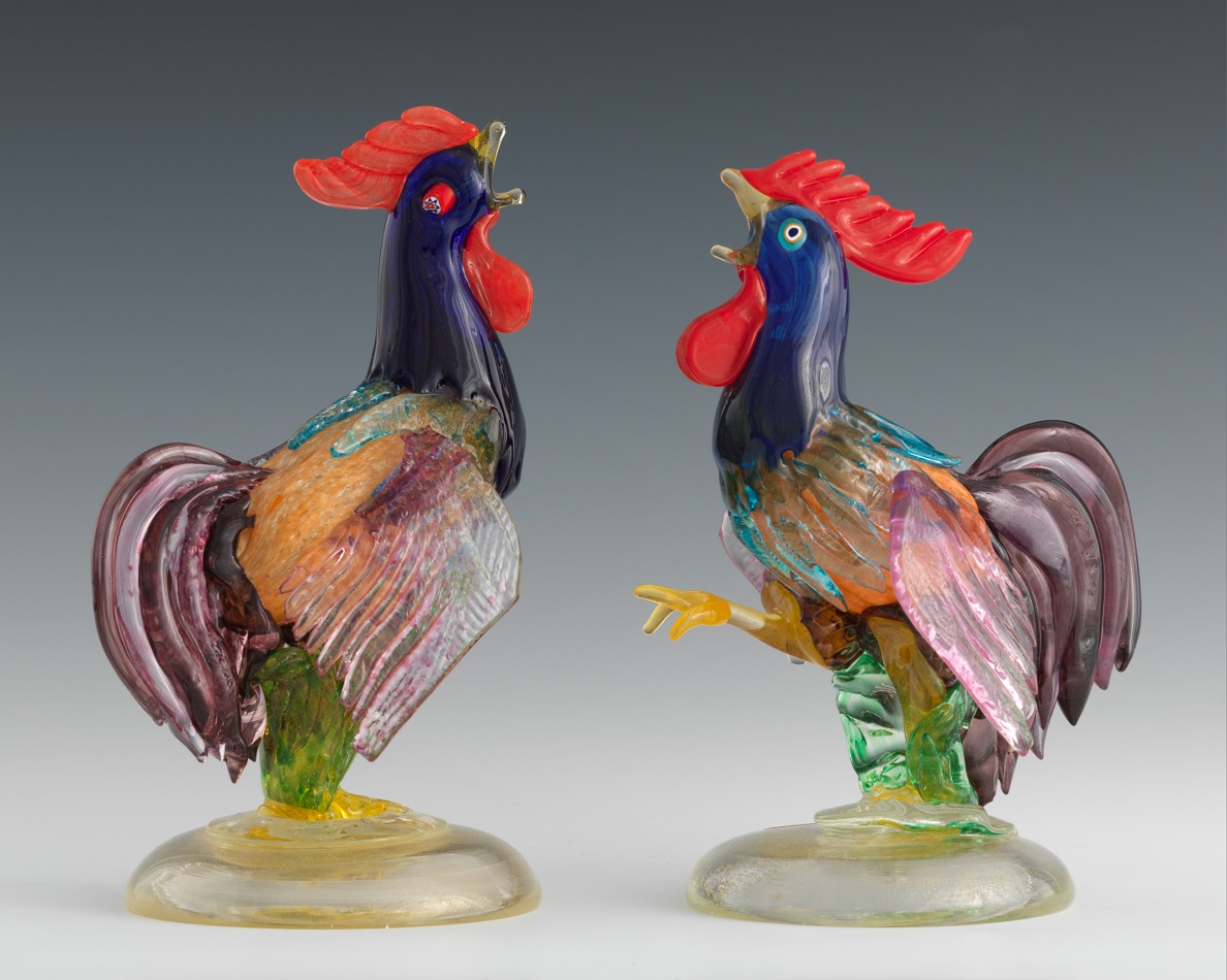 A Pair of Murano Glass Roosters.