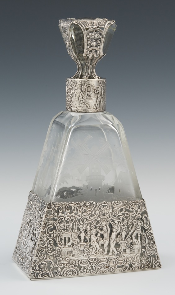 A German Large Silver Mounted Etched Crystal Wine Decanter by Wolf
