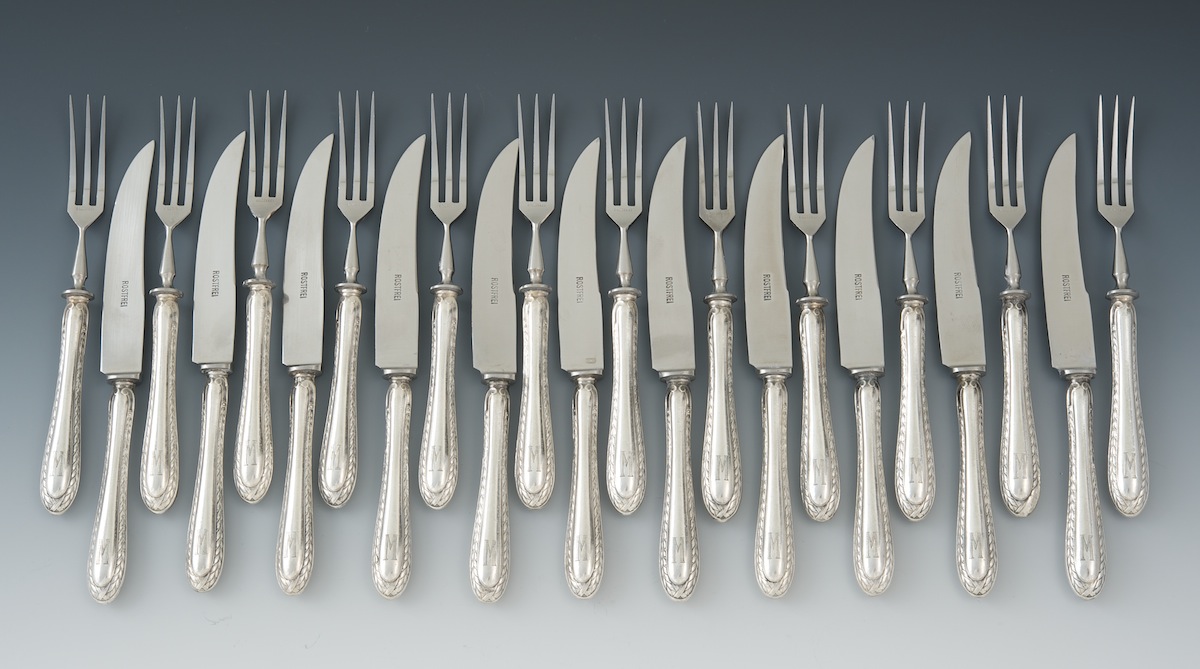 A Lot of Twelve Antique German Silver Fruit Forks and Eleven Fruit Knives by H. Meyen & Co