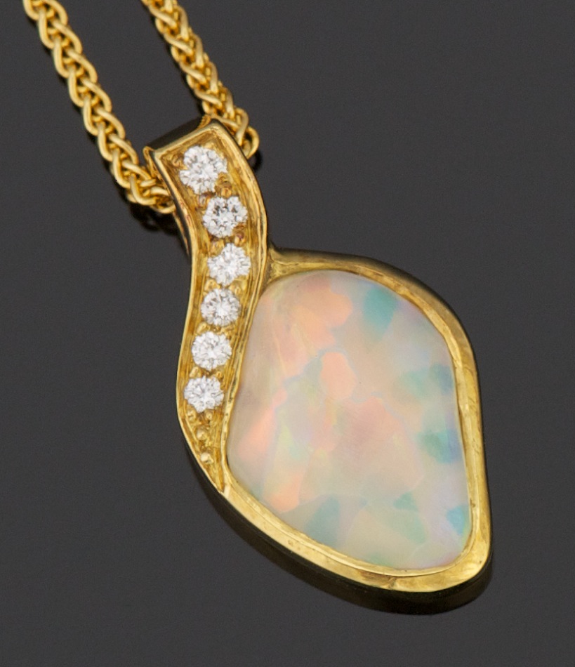 A Ladies' 18k Gold, Opal and Diamond Necklace , 10.21.11, Sold: $379.5