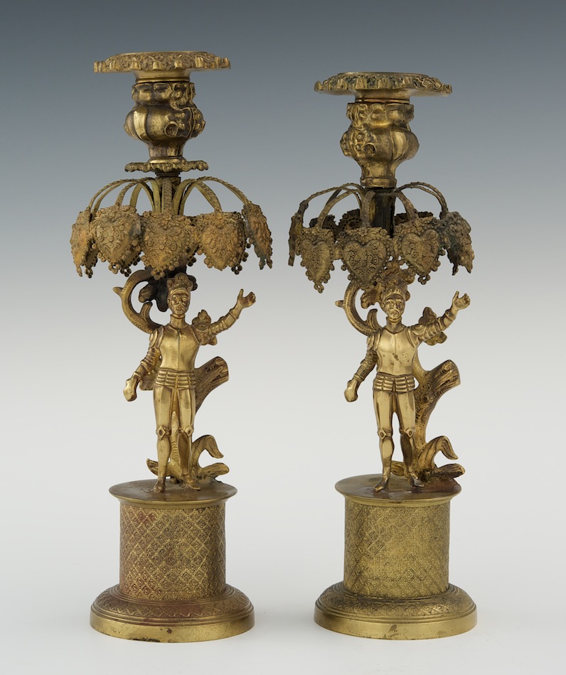 An Unusual Pair of "Fountain of Youth" Gilt Brass Candle Holders, 09.03