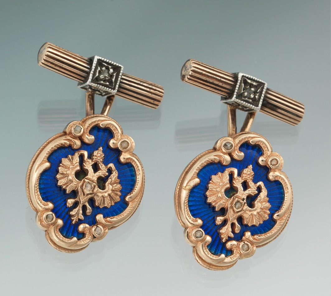 A Pair of Russian Enameled & Diamond 14K Gold Cufflinks, 09.02.11, Sold