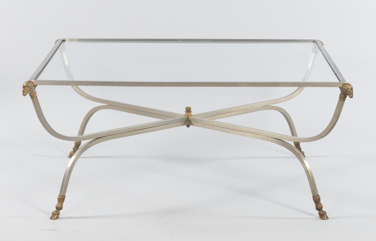 A Brushed Nickel Finish Brass And Glass Coffee Table 12 14