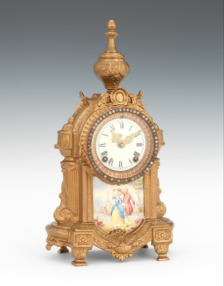 Gold Tone Mantel Clock with Porcelain Decoration , 03.30.12, Sold 195.5