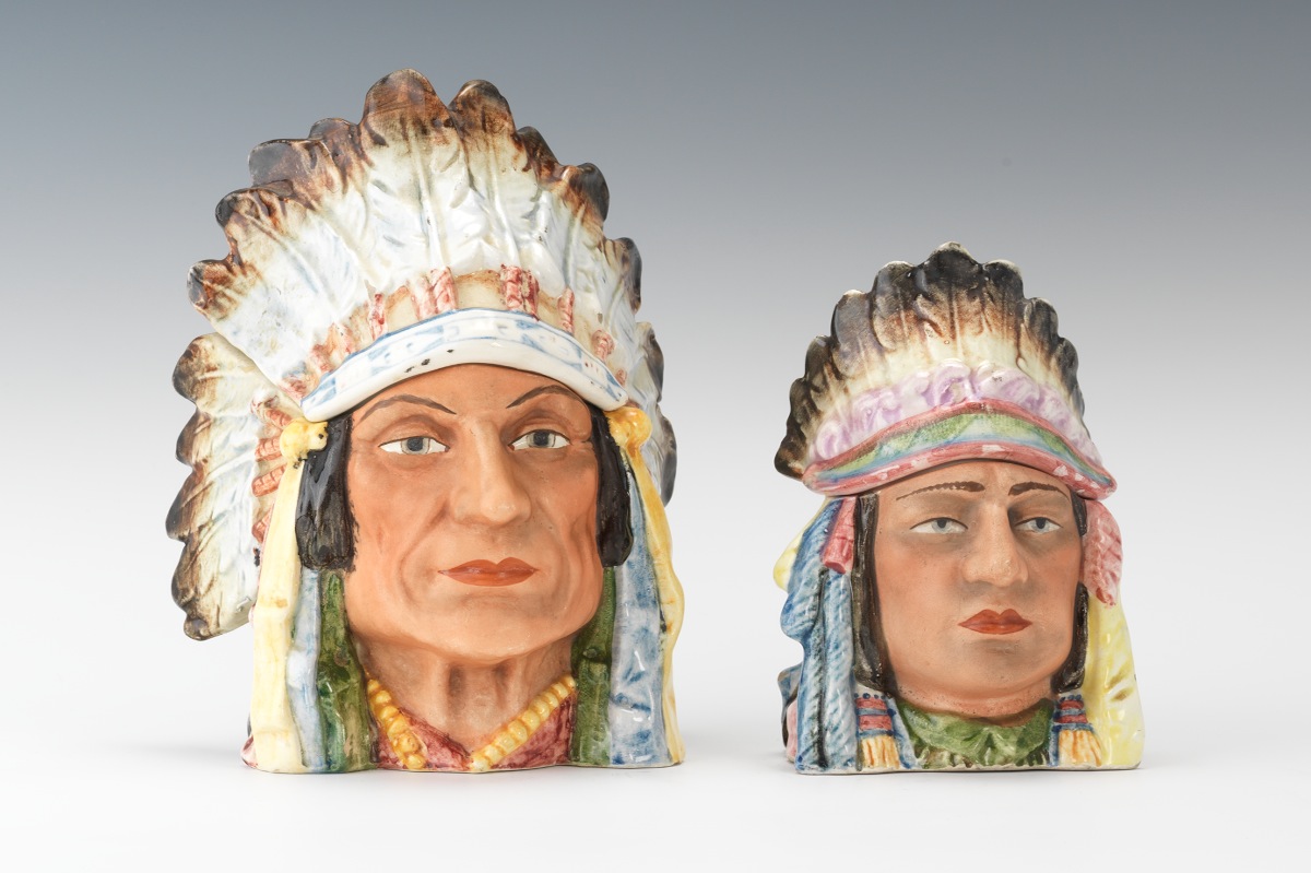 indian tobacco jar Two Majolica Figural Indian Head Tobacco Jars | Sold for $103.50