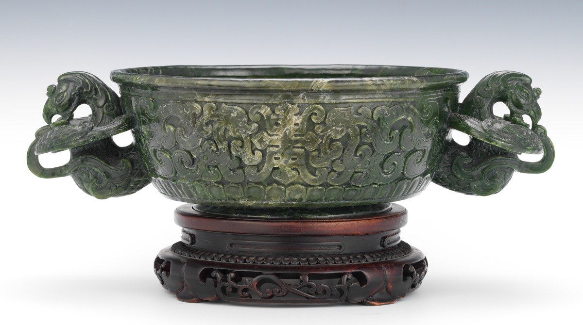 A Spinach Jade Carved Bowl on Stand, 05.24.12, Sold 2875