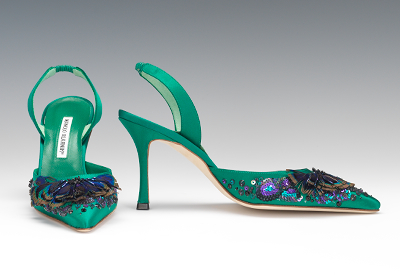 Manolo Blahnik Green Carolyne Peacock Feather Slingbacks in