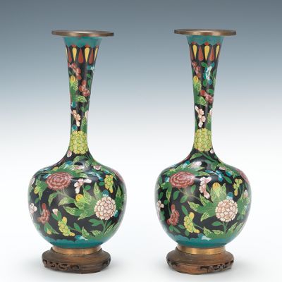 Pair Of Cloisonne Vases On Carved Wooden Stands 02 16 13 Sold