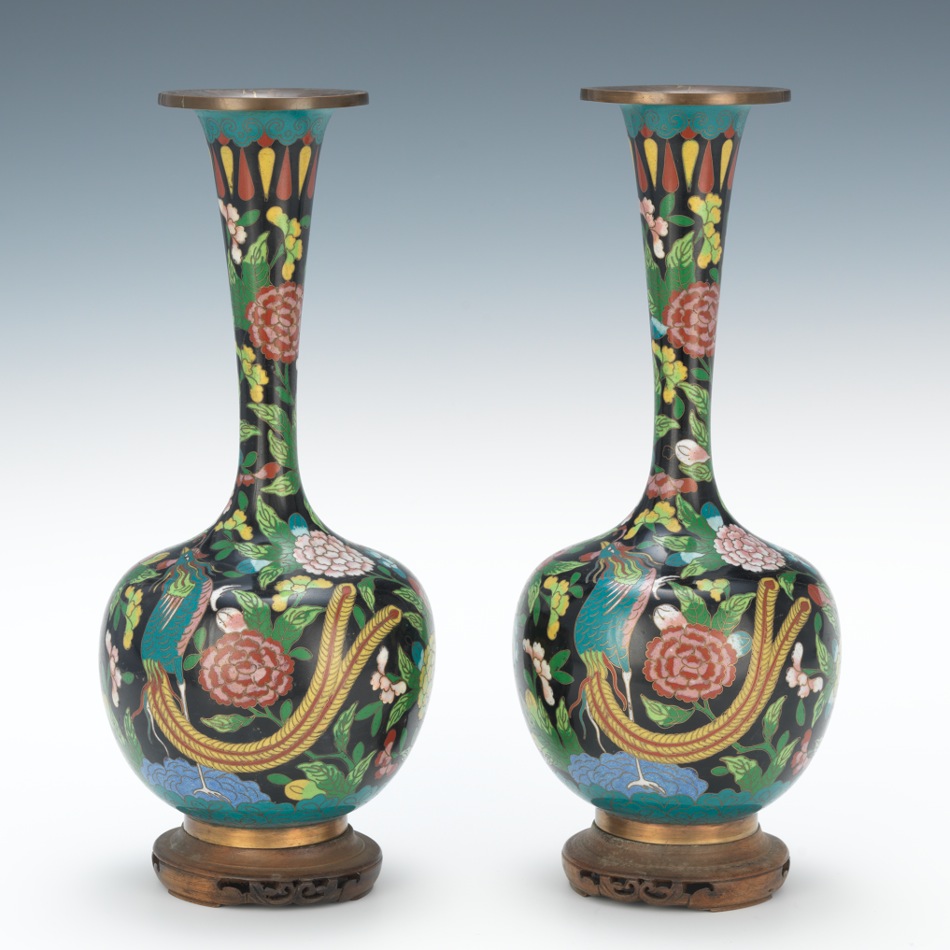 Pair Of Cloisonne Vases On Carved Wooden Stands 02 16 13 Sold