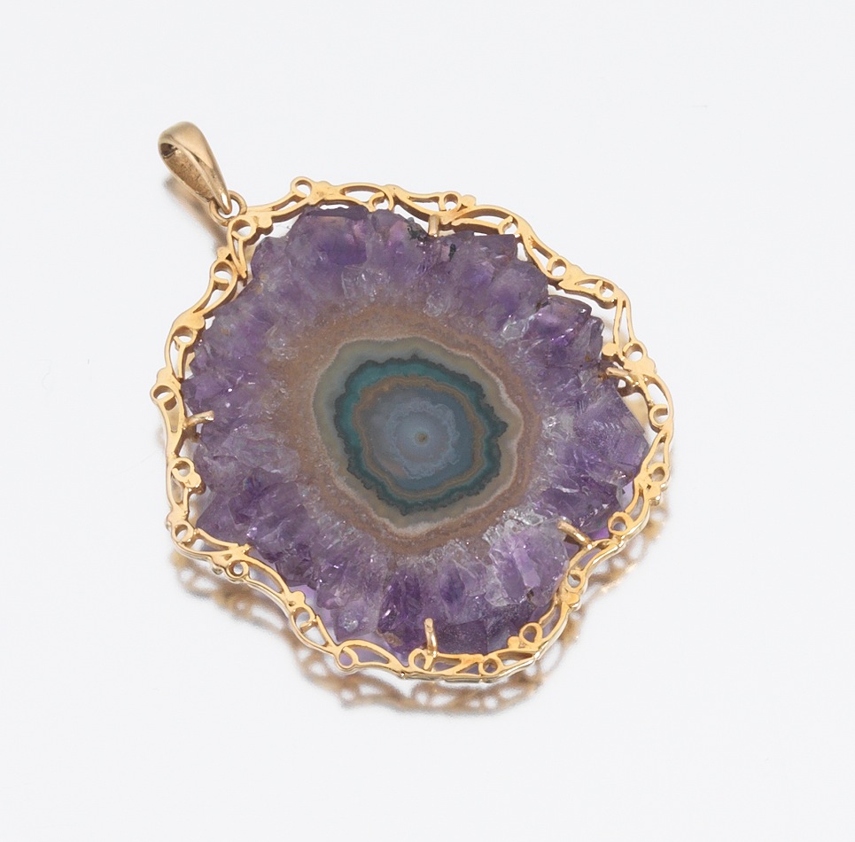 A Gold And Amethyst Gemstone Crystal Slice Pendant 021513 Sold 230