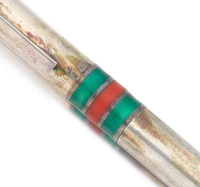 Authentic GUCCI STERLING SILVER RED GREEN Signature Stripes Enamel  Ballpoint PEN