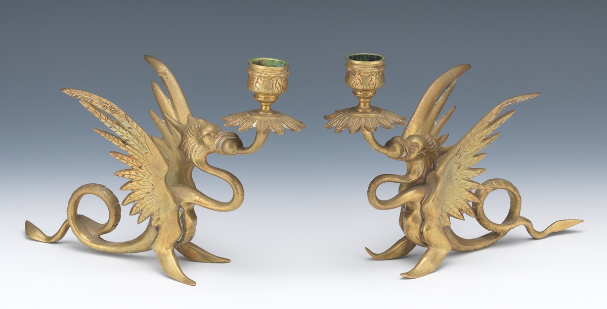 A Pair of Brass Dragon Candle Holders, 03.21.13, Sold 92
