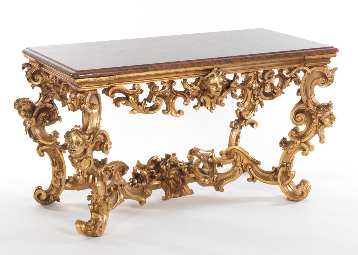 A Heavily Carved Gilt Antique Wood Hall Table with Marble Top , 05.23.
