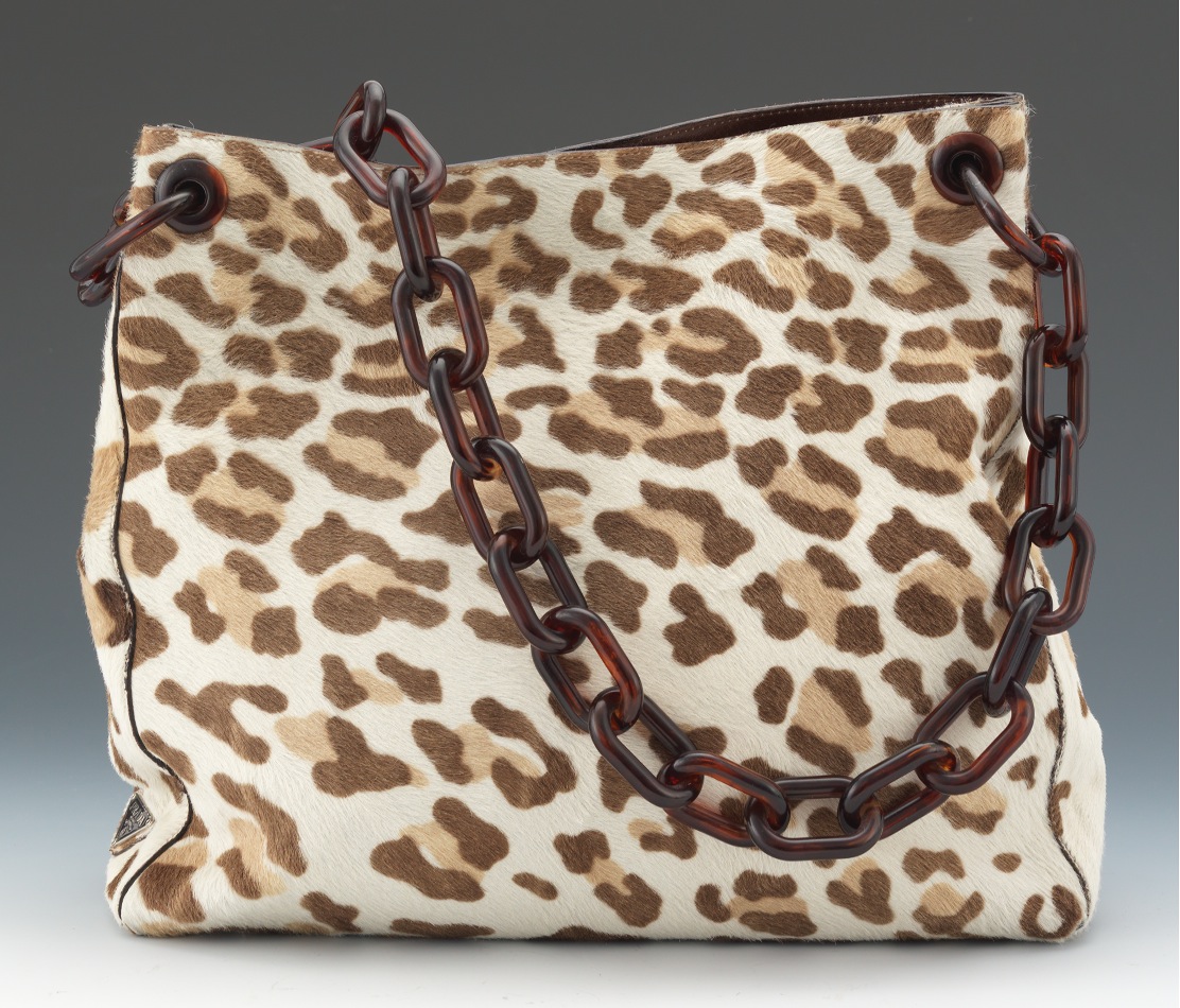 Prada Deer Print Pony Hair Tote With Faux Tortoise Shell Chain ...