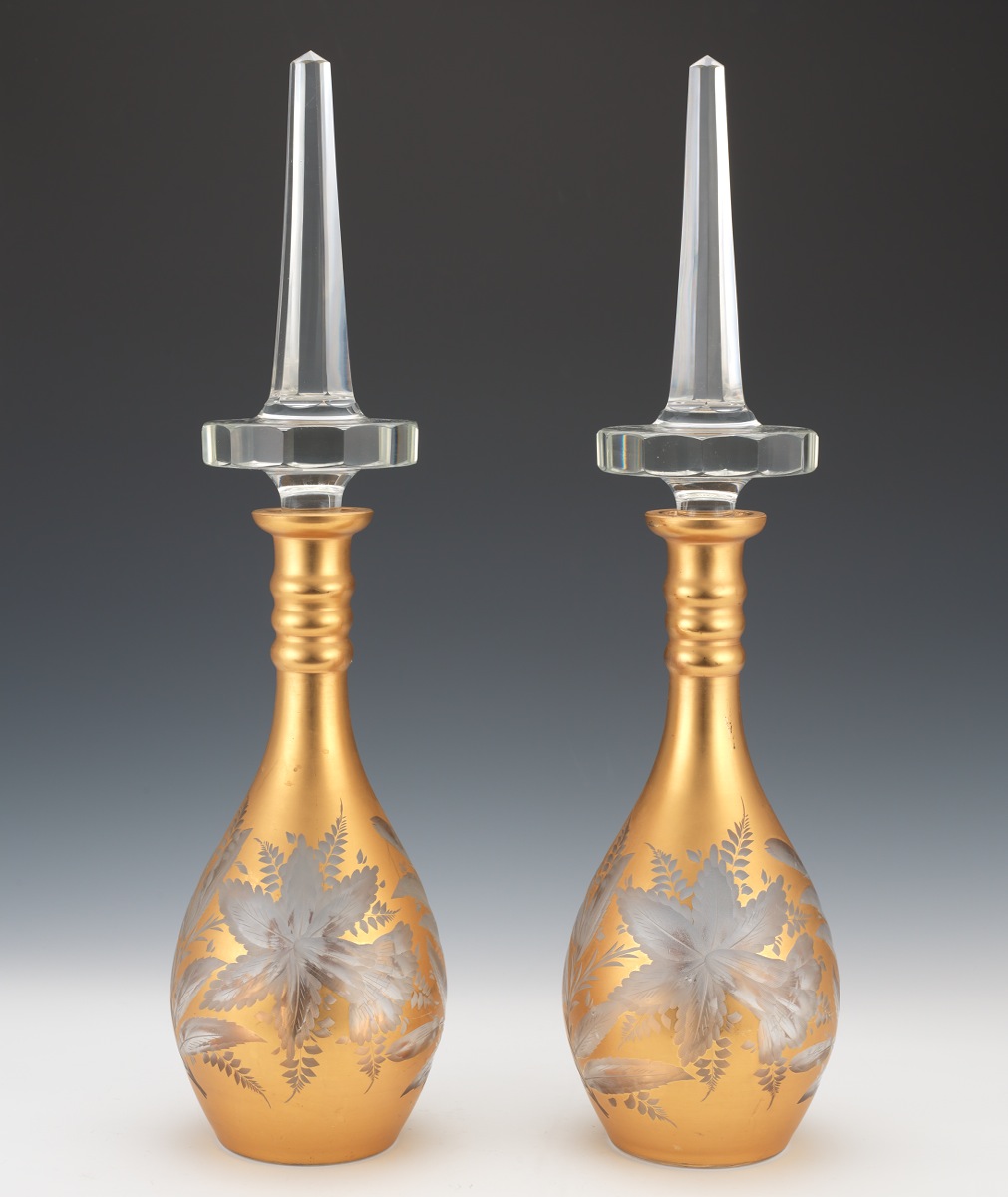 A Pair Of Large Bohemian Gilt Cut Glass Decanters 05 22 14 Sold 143 75