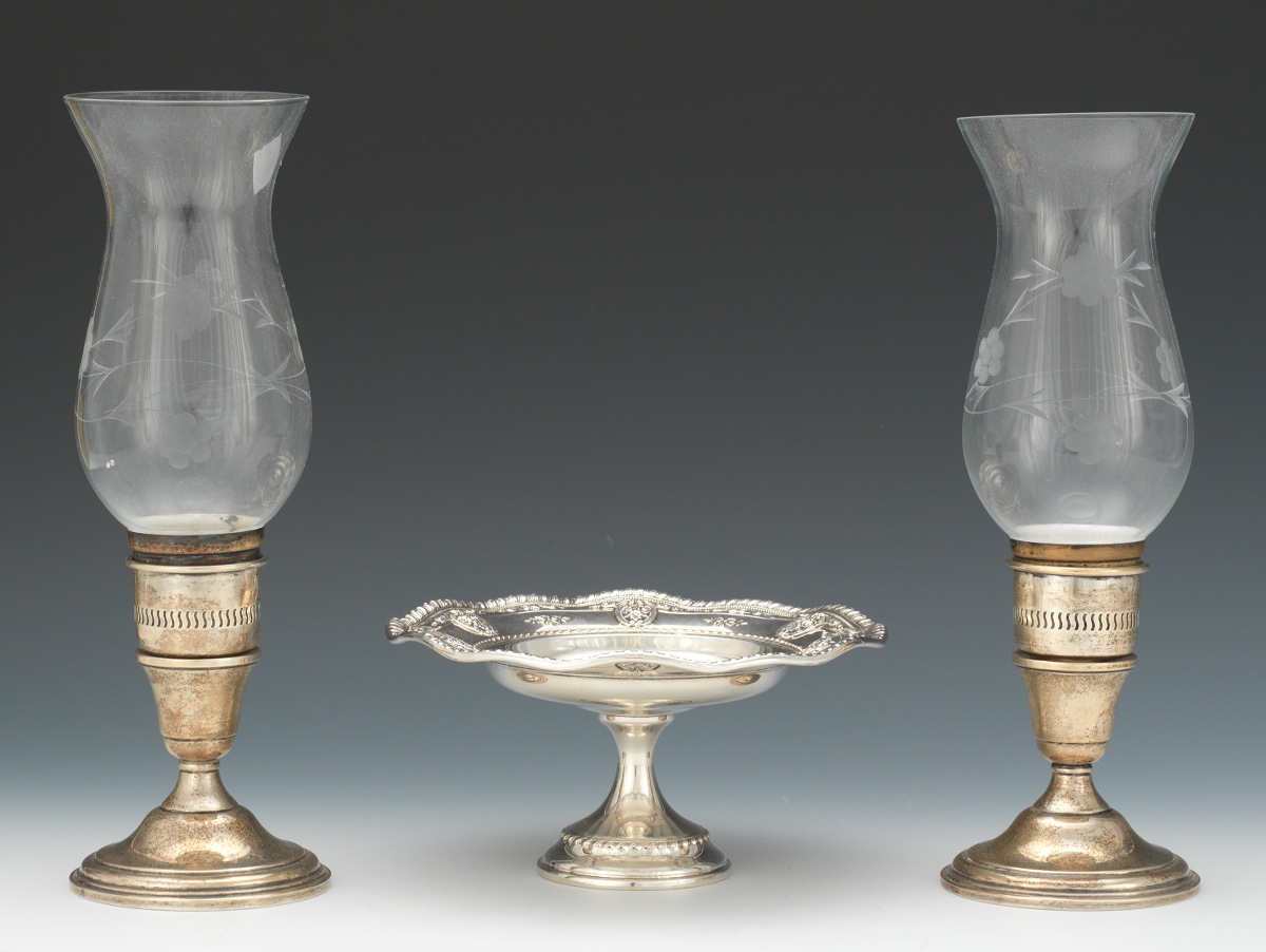 Two Sterling Silver Candle Sticks with Hurricane Shades, Stamped
