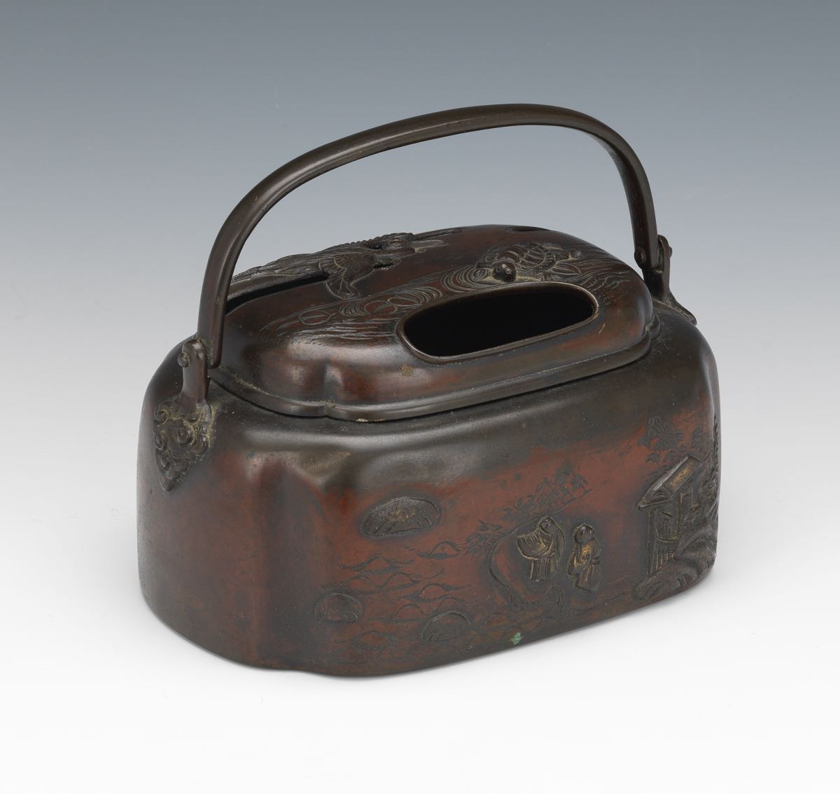 Japanese Patinated Bronze Lidded Incense Burner Box with Handle , 02.19