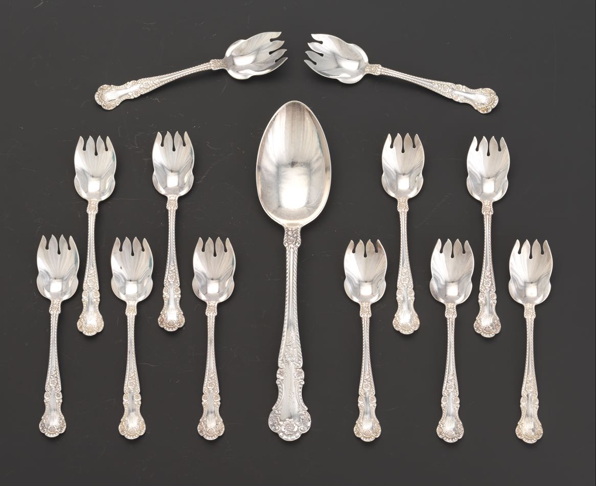 Twelve Gorham Sterling Silver Ice Cream Spoons and Serving Spoon, ca