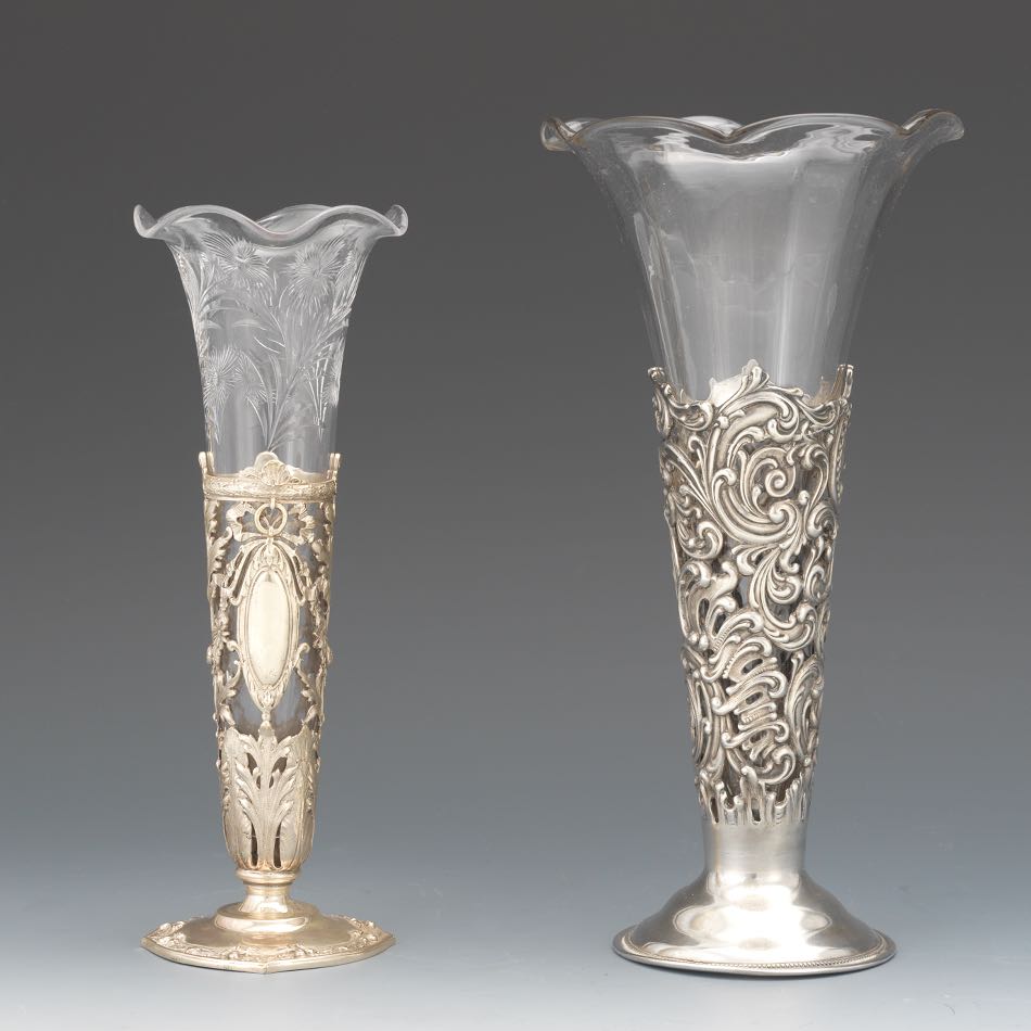 Two Sterling Silver Mounts and Crystal Glass Inserts Trumpet Vases by