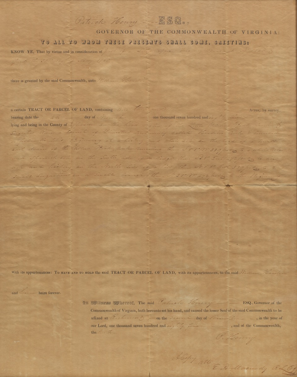 Commonwealth of Virginia Land Grant Document, Signed by Patrick Henry