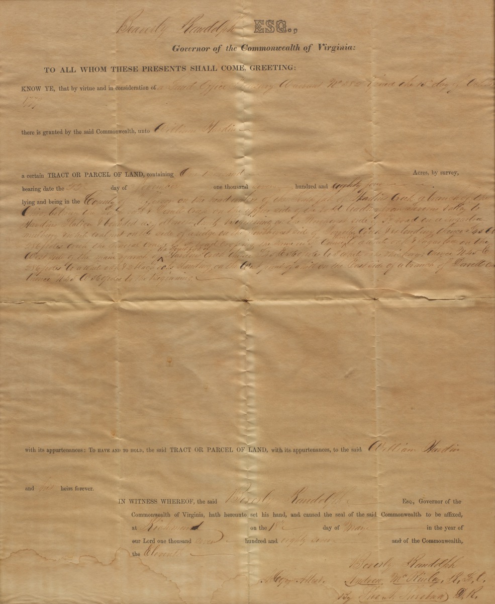 Commonwealth of Virginia Land Grant Document, Signed by Beverley