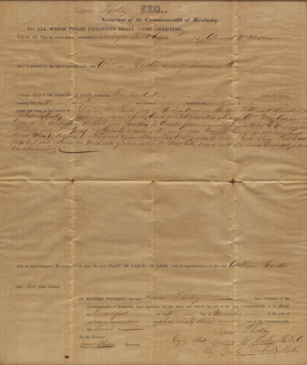 Commonwealth of Kentucky Land Grant Document, Signed by Isaac Shelby