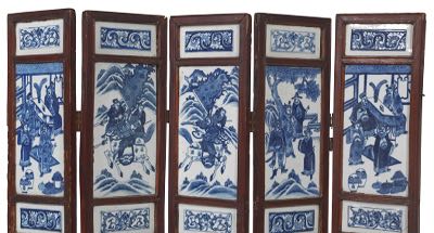 Chinese Five Panel Folding Screen With Blue White Porcelain Tiles Chinese Five Panel Folding Screen With Blue White Porcelain Tiles