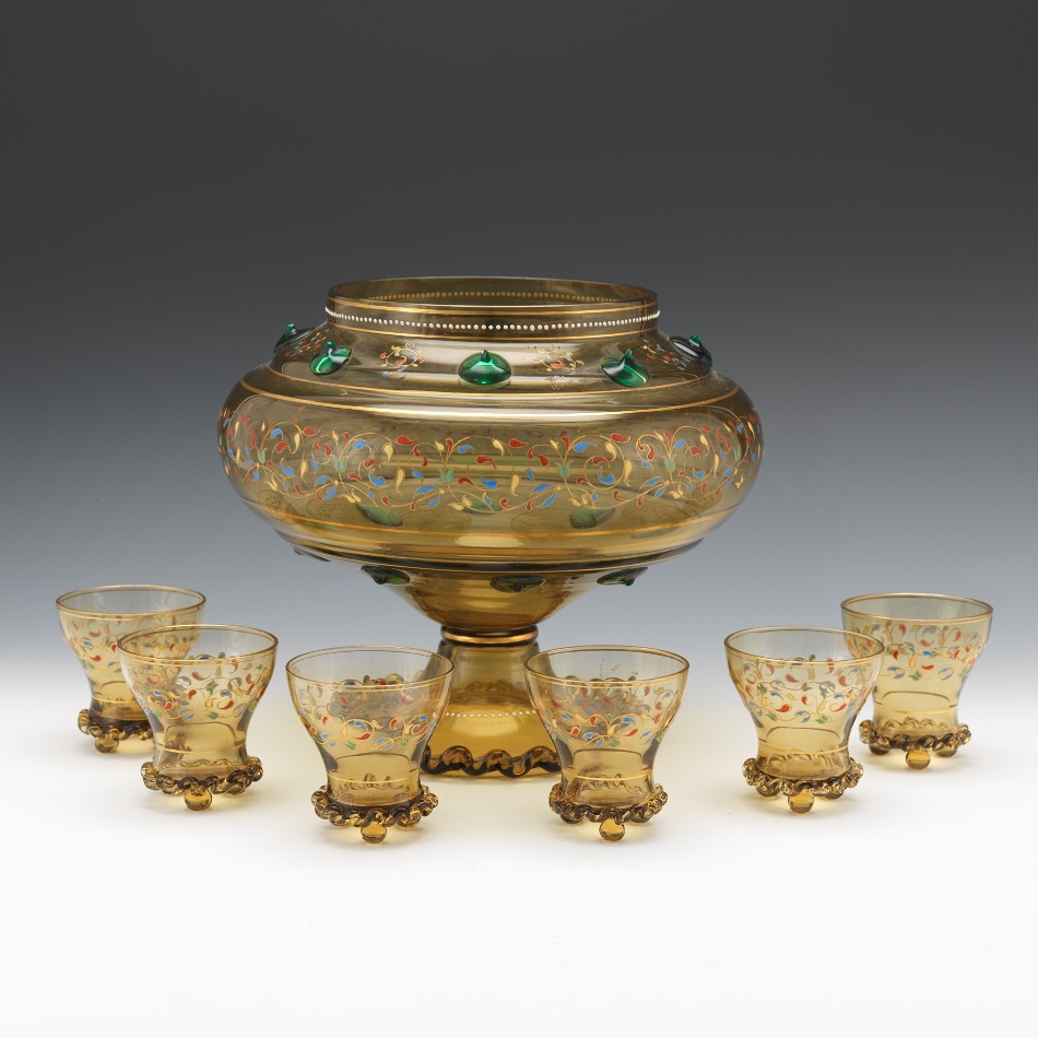 Glass Punch Bowl and Six Cups, with Decoration by Moser, ca. 19th Century , 02.20.16