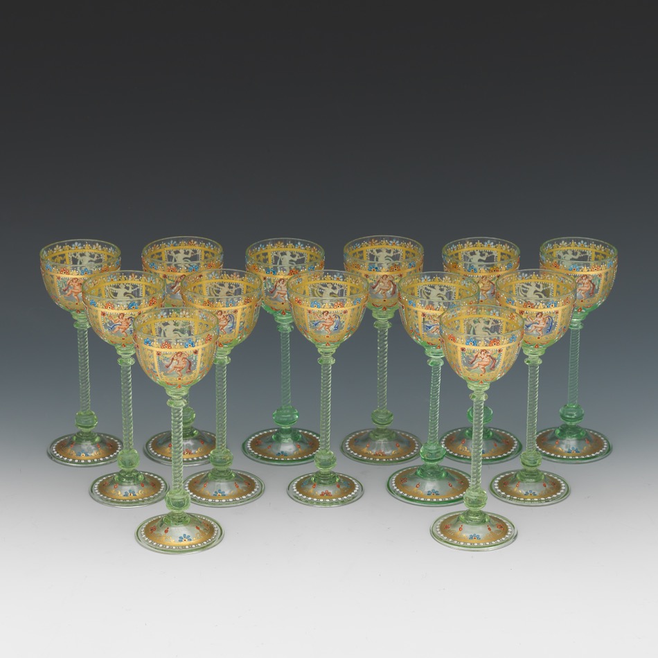 Thirteen Salivati Glass with Moser Decoration, Cordial Glasses