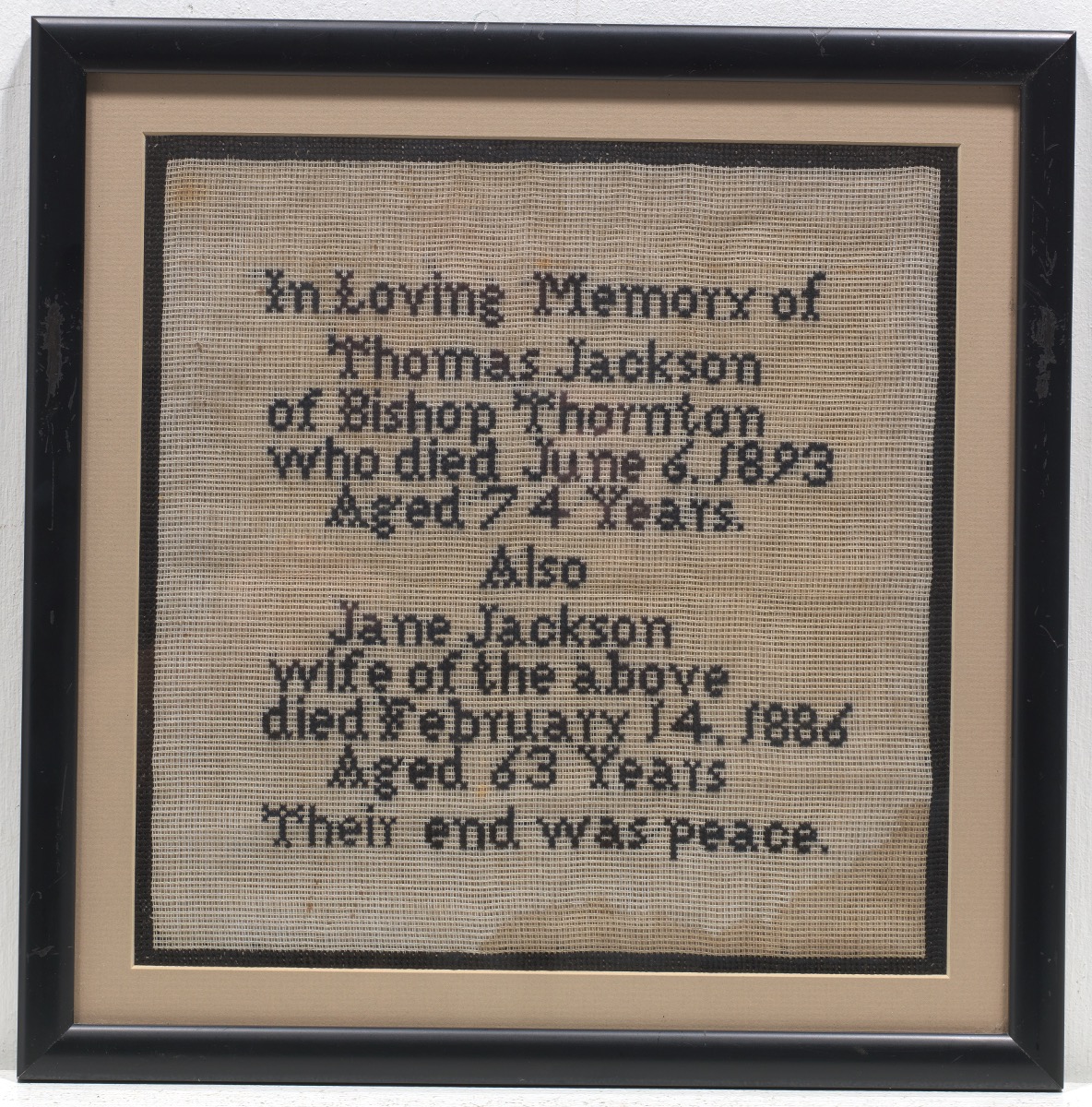 Two English Memorial Needlepoint Samplers, ca. Late 20th Century, 05.28