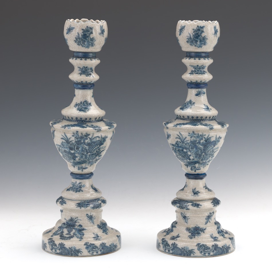 blue and white candle holders