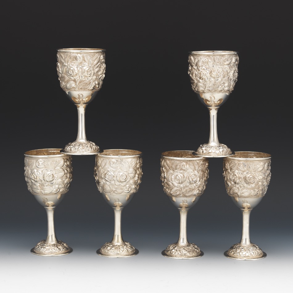 Six Stieff Sterling Silver Hand Chased Goblets, "Rose" Pattern, ca