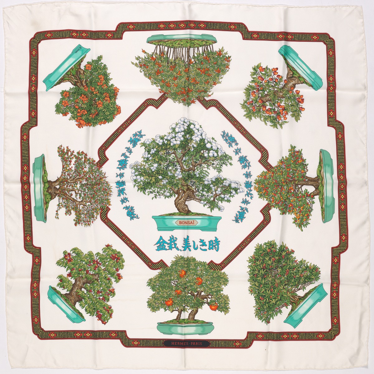 Hermes Silk Twill, "Les Beaux Jours de Bonsai" Designed by Catherine