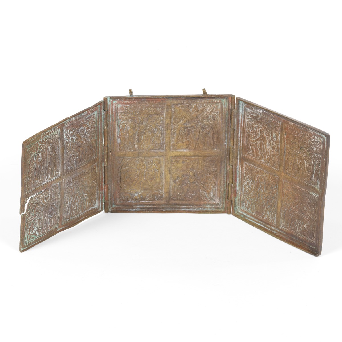 Antique Russian Traveling Triptych Gilt Bronze Foldable Icon Of Life And Passion Of Christ Ca 