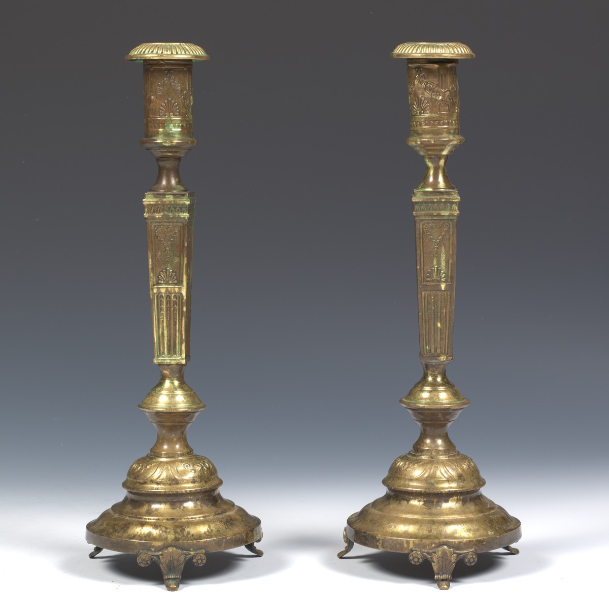 Antique Judaica Pair of Brass Sabbath Candleholders, ca. 19th Century