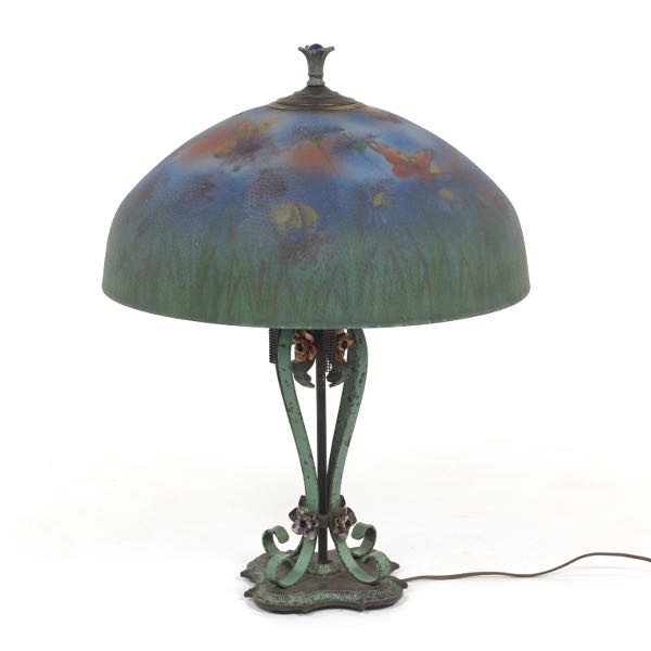 Janette Reverse Painted Glass Lamp With Cold Wrought Iron Base 09 06 18 Janette Reverse Painted Glass Lamp With, Reverse Painted Lamp Shade Replacement