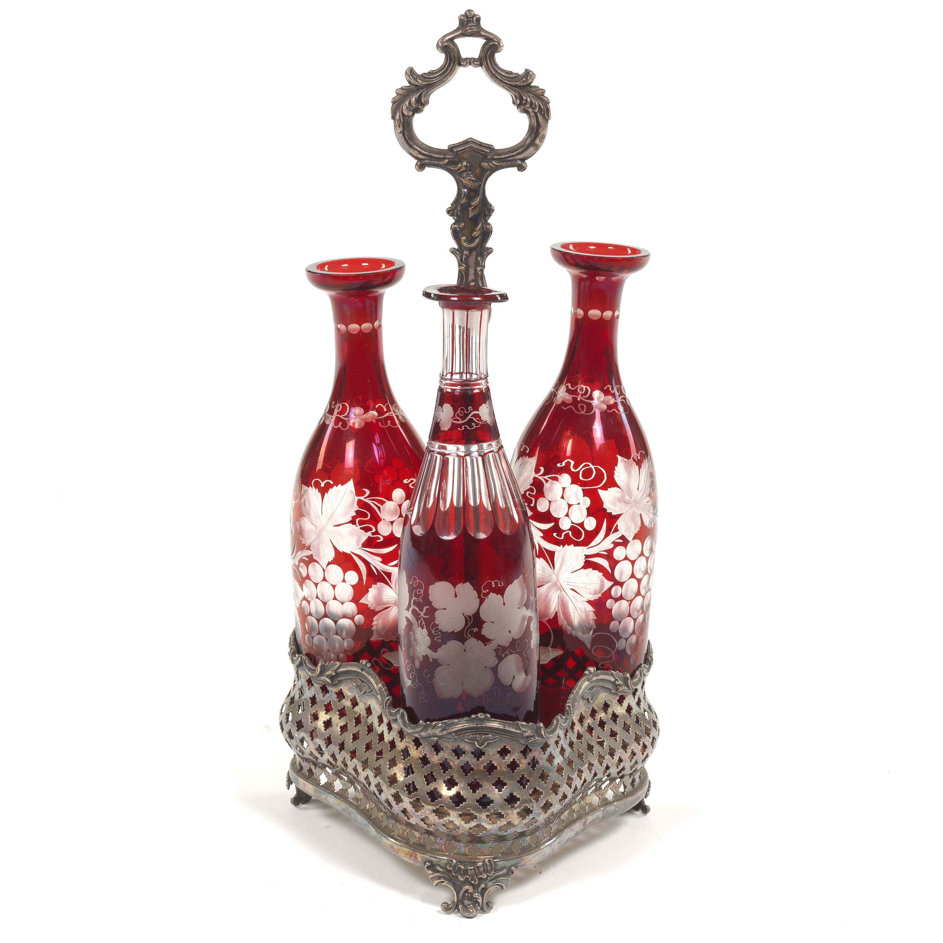 High resolution image for Three Bohemian Ruby Red Cruet Set on Silver