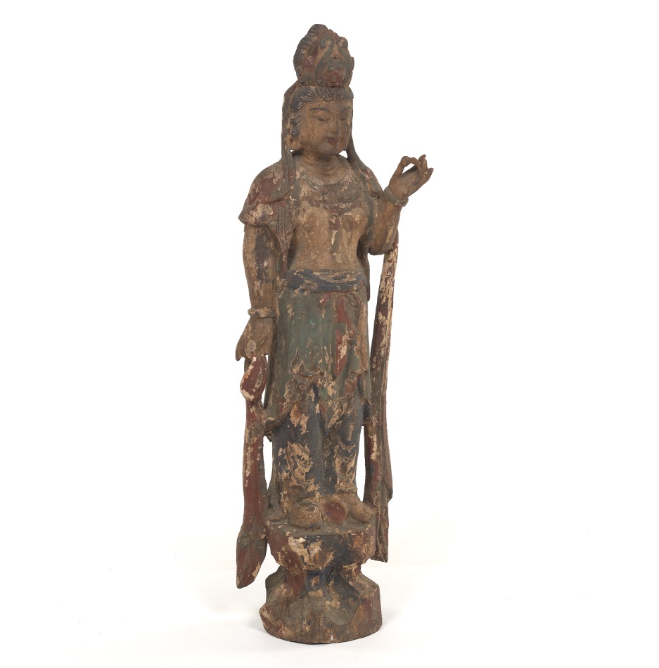 11" Chinese Boxwood Wood Carving Guan Yin Goddess Bodhisattva flammule Statue 