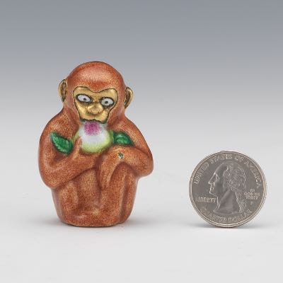 Rare Chinese Brass and Enamelled Monkey Eating Peach Figurine, ca
