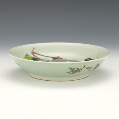 1088. Chinese Celadon Ground Famille Vert Enamelled Footed Dish 