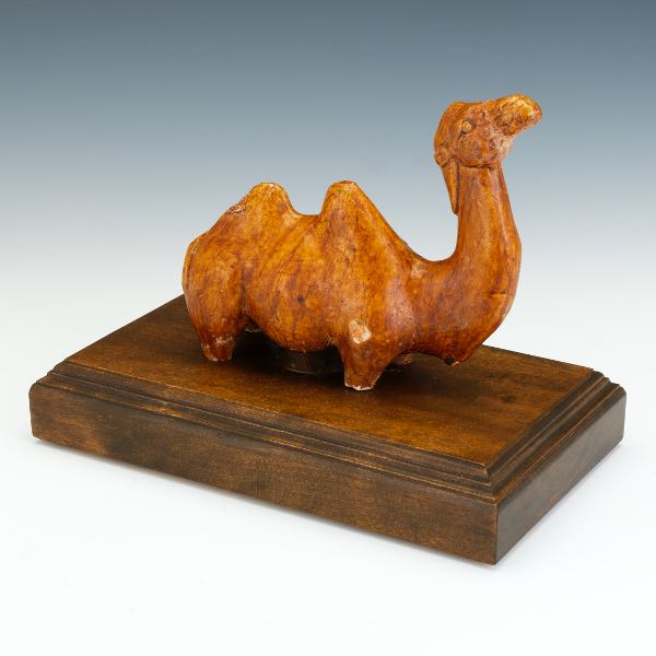 Chinese Ceramic Camel Sculpture with Amber Sancai Glaze, Tang