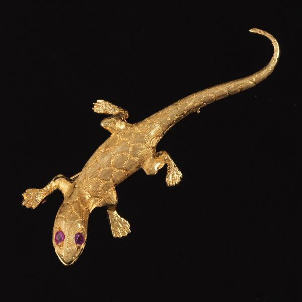 Gold and Ruby Lizard Pin Brooch